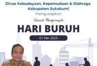 Dalam peringatan Hari Buruh Internasional 1 Mei 2025, Kepala Dinas Fisbufpora Kabupaten Sukabumi, Yudi Mulyadi, menyampaikan apresiasi kepada seluruh pekerja yang telah berdedikasi dan berkontribusi bagi pembangunan daerah.
