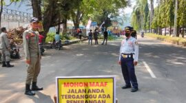 Tim gabungan eksekusi tiga pohon trembesi tua di Jalan Ahmad Yani Palabuhanratu. 