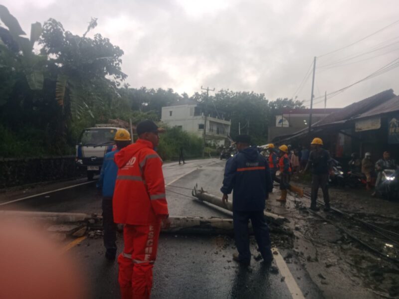 Damkar Kabupaten Sukabumi bergerak cepat mengevakuasi pohon dan tiang listrik tumbang